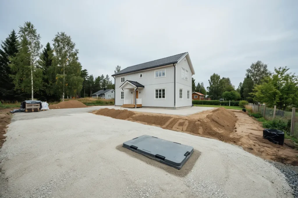 komplett avloppsanl ggning med slamavskiljare och infiltration i bergn set
